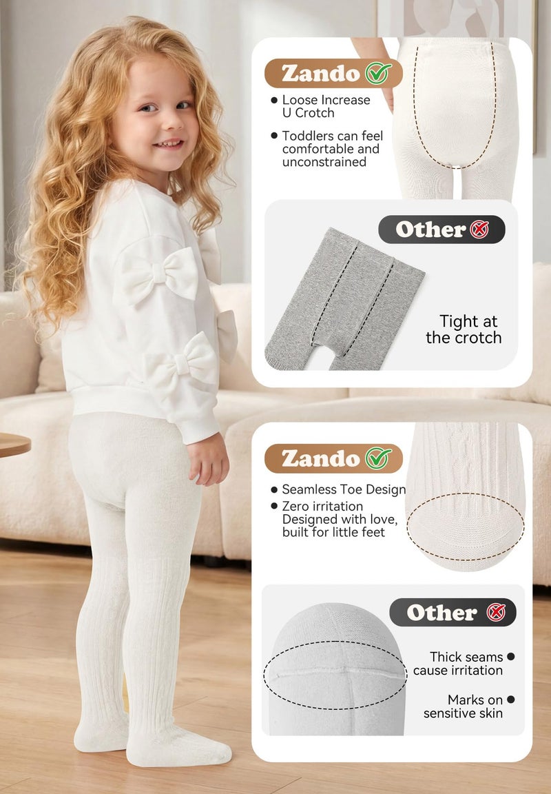 Zando White Baby Tights 12-18 Months Cable Knit Tights Toddler Girl 2T Cotton Stockings for Toddler 18-24 Months Girls Leggings Kids Warm Pants for Winter Clothes Pantyhose for Daily Cream White - Image 3